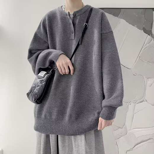 Autumn and winter American Henry collar sweater men's sweater American retro casual lazy style sweater men's solid color sweater dark gray 3XL