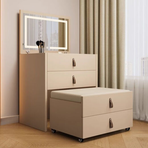 Small apartment solid wood dressing table bedroom modern simple high-end folding stool drawer two-in-one dressing table delivery upstairs + installation package solid wood material 1.6 thick back plate white 78cm + smart LED mirror + wheeled makeup stool
