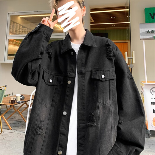 Yiran Zhengpin jacket men's autumn and winter casual retro ripped high street trendy brand handsome loose versatile warm denim jacket for men blue regular XL recommended 115-140Jin Jin equals 0.5 kg