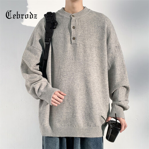 Cebrodz French sweater men's autumn and winter new Henry collar bottoming shirt old money style long-sleeved pullover loose casual clothes light gray L