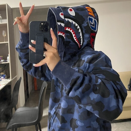 Chihuan Ape Man Shark Jacket Street Fashion Brand Embroidered Zipper Double Hood Clothes Camouflage Hip Hop Couple Cardigan Sweatshirt Men and Women White High Version Shark Double Hood Jacket M Embroidery Version Recommended 90-110 Jin Jin equals 0.5 kg High Quality