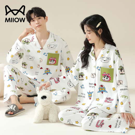Cat Couple Pajamas Women's Pure Cotton Cartoon Autumn and Winter 25th New Product Crayon Shin-chan Long Sleeve Large Size Four Seasons Home Clothing Set