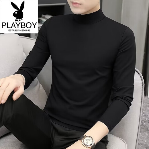 Playboy (PLAYBOY) Modal Half Turtle Collar Long Sleeve T-shirt Men's Spring and Autumn Thin Slim Fit Solid Color Bottoming Shirt Mid-Collar Autumn Clothing for Men Black/M Recommended 85-100Jin Jin is equal to 0.5 kg