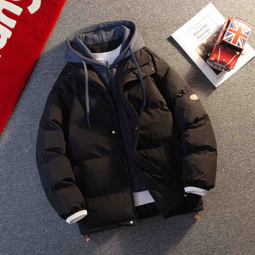 Fake two-piece hooded cotton coat for men in autumn and winter new thickened and loose Jinjiang feather cotton coat and bread fleece jacket for men Khaki XL