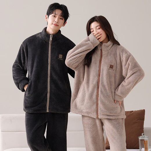 Imanan snowflake velvet couple pajamas for women winter thickened cardigan zipper warm casual men can be worn outside home clothes suit 5912 L women's style