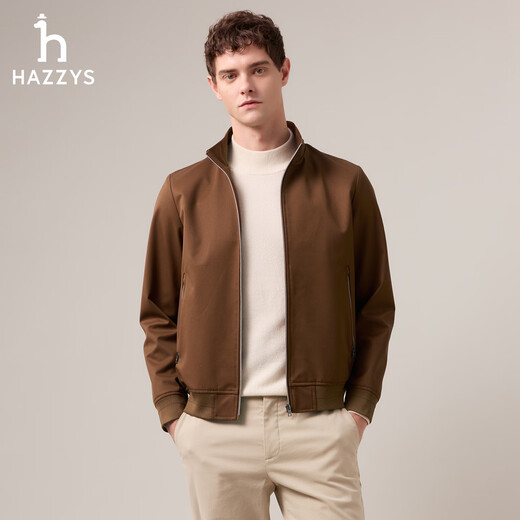 HAZZYS Men's 2025 Autumn New Water-Repellent/Windproof Stand Collar Jacket Men's Wool Blended Jacket ASVZU0CCU04 Brown BW M (170/92A 46)