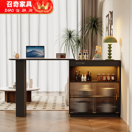 Shantou Lincun French black bar table home dining side cabinet living room partition storage side cabinet retractable island dining table small apartment double-sided bar table 90cm + L sliding cabinet combination door installation