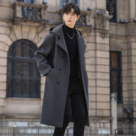 ROMON windbreaker men's mid-length autumn and winter high-end hooded casual coat dark gray 2XL