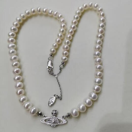Small universe natural freshwater pearl nearly round necklace age-reducing temperament Saturn clavicle chain egg round s925 sterling silver buckle necklace with minor flaws