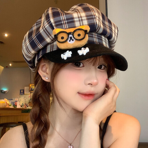Tuzun Cute Cartoon Glasses Bear Plaid Octagonal Beret Women's Versatile Big Head Circumference Showing Face Little Duck Tongue Painter Hat Plaid Bear One Size