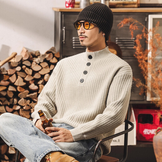 Jay Leno American retro heavyweight Henry collar sweater men's new winter warm velvet autumn and winter half turtleneck sweater jacket light gray 790g heavy M suitable for 100-125Jin Jin equals 0.5 kg