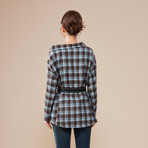 IEF/Aiyifu 2025 Autumn New Style Sweet Cool Personality Hot Girl Temperament Design Commuting Versatile Medium Shirt Blue Cage One Size