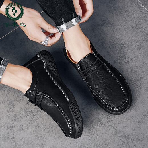 
Woodpecker casual leather shoes for men 2025 new breathable outdoor sports lazy bean shoes genuine leather soft sole anti-slip trend black [9903 four seasons] 39
