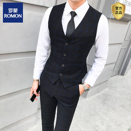 ROMON men's three-piece suit, tailored shirt, hairstylist plaid pants, Korean trendy suit suit, vest, male groomsman ao1909 light gray plaid vest 3XL 146 - 155Jin Jin is equal to 0.5 kg