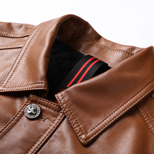 Playboy (PLAYBOY) Haining leather jacket for men with autumn and winter plus velvet warm jacket slim short leather breathable daddy installs motorcycle versatile jacket black thin L 175