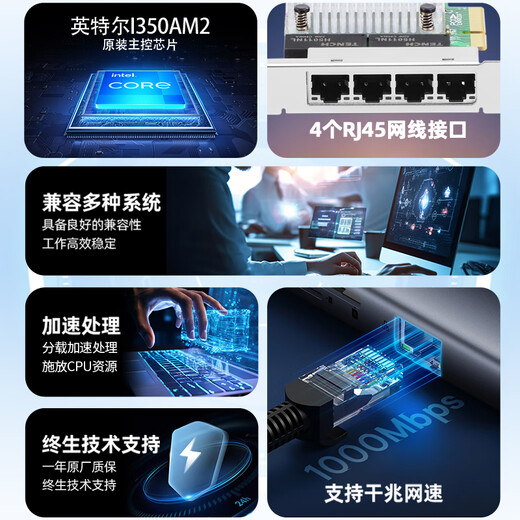 昆鱼（FLYBISH）NA350-T4A2 PCIEx1千兆四口网卡I350-T4V2服务器工业相机1000M电口网卡intel I350芯片