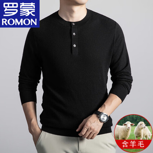 Luo Meng high-end wool sweater solid color Henry collar pullover sweater for men in autumn and winter, simple and light luxury temperament, black M 165/80A