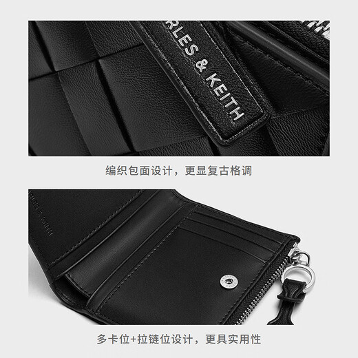 Charles/KEITH25 Autumn Nuevo producto trenzado Billetera corta Billetera CK6-10681212 Noir Black XXS