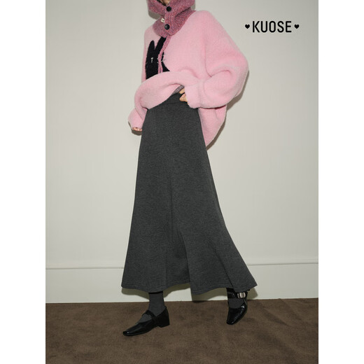 Wide dark gray fishtail skirt sweater skirt high waist skirt skirt 25 autumn and winter new women's umbrella skirt long skirt dark gray L