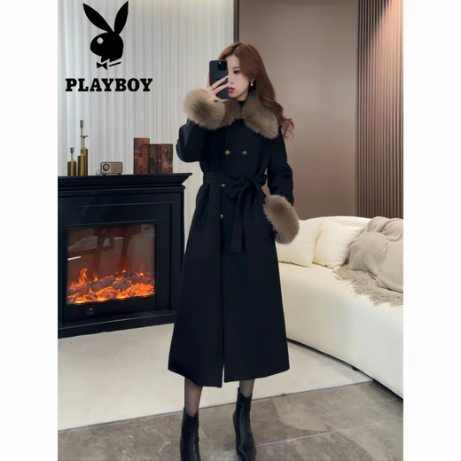 Playboy (PLAYBOY) off-season deal with rich woman daughter down coat women's big fur collar long coat down jacket slimming temperament black with fur collar official flagship version with shipping insurance S 80-105