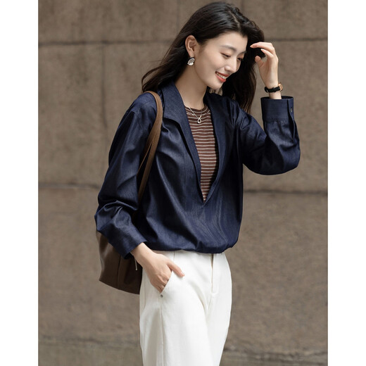 Demana layering artifact autumn temperament fake two-piece shirt imitation denim striped shirt lapel women's top