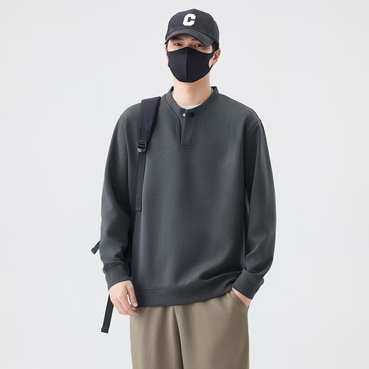 Vangeni high-end solid color sweatshirt for men spring and autumn 2025 new trendy loose Henry collar top men's casual bottoming shirt dark gray M recommended 100-120 Jin Jin equals 0.5 kg / free shipping insurance