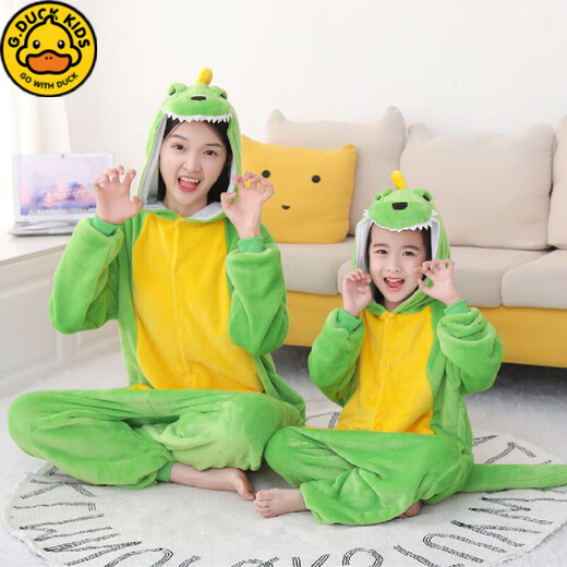 G.DUCKKIDS Cute Tyrannosaurus Pajamas Autumn and Winter Little Girls Boys Coral Velvet Cartoon Long Sleeve Girls Children One-piece Home Clothes Bean Green Dragon 165 Adult S# High 145-155 with Shoes