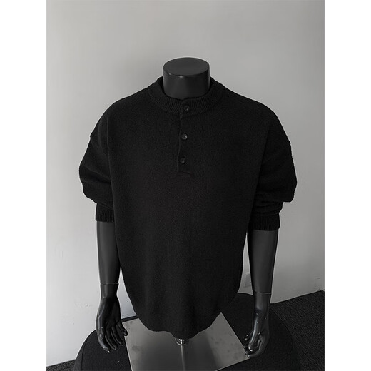 XUANSENTU black Henry collar sweater for men, spring and autumn mature and stable POLO knitted bottoming shirt, lazy style inner sweater, black M