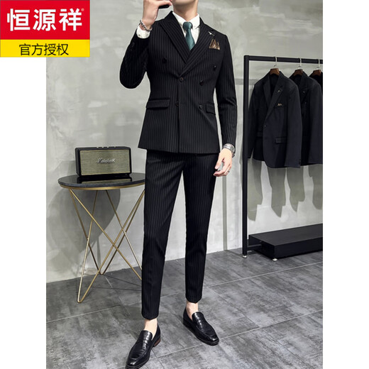 Hengyuanxiang khaki double-breasted gun lapel suit men's vertical stripe slim fit banquet casual small suit jacket navy blue suit S (80-95Jin Jin equals 0.5kg)
