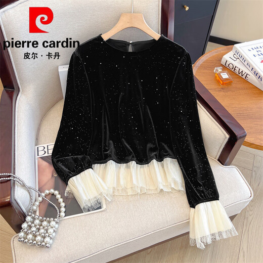 Pierre Cardin high-end brand black silk velvet top women's long-sleeved bottoming with autumn and winter new loose ruffle Pierre Cardin black L (recommended 100-115Jin Jin equals 0.5kg)