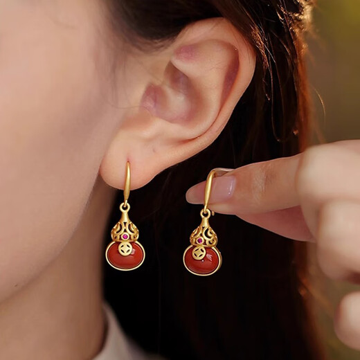 Little Silversmith S925 silver gourd earrings for women agate small gourd copper coin earrings new Chinese style hollow tassel earrings girlfriend gift