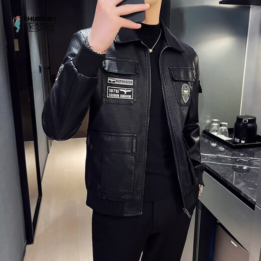 Zhumengyan (ZHUMENGYAN) leather jacket men's 2025 spring and autumn new military style pilot large size loose stand-up collar embroidered men's leather black counter high-end leather jacket M