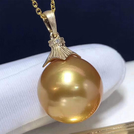 Jinxu natural color seawater gold beads pearl pendant 13-14mm retro 18K gold necklace perfect round and flawless for women 13-14 gold