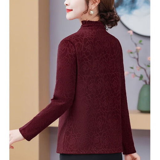 Middle-aged mother autumn and winter thickened velvet warm elastic bottoming shirt middle-aged and elderly women's fashionable slimming top mother-in-law burgundy warm top 3XL