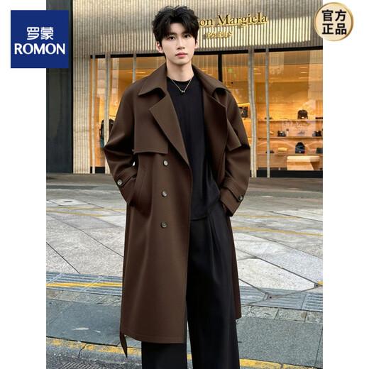 ROMON 2025 new mid-length men's windbreaker large size loose suit collar coat double-breasted over-the-knee coat tea coffee color XL 150-170Jin Jin is equal to about 0.5 kg