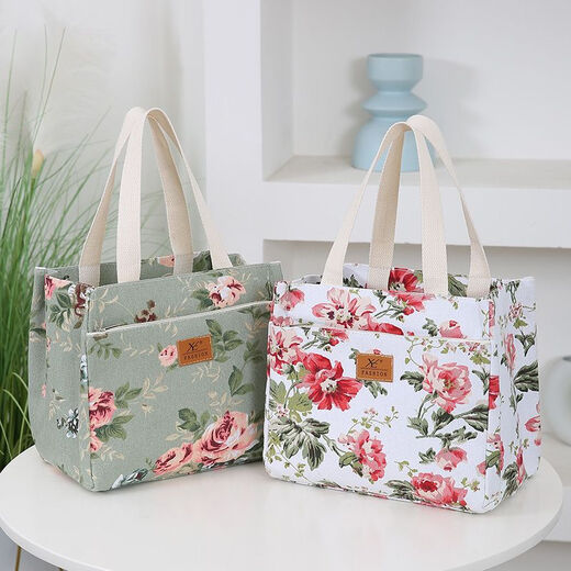 Canvas bag, thickened and sturdy handbag, portable zipper for going out, portable aluminum foil insulation layer, lunch box bag, lunch bag, green flower handbag + thermal insulation