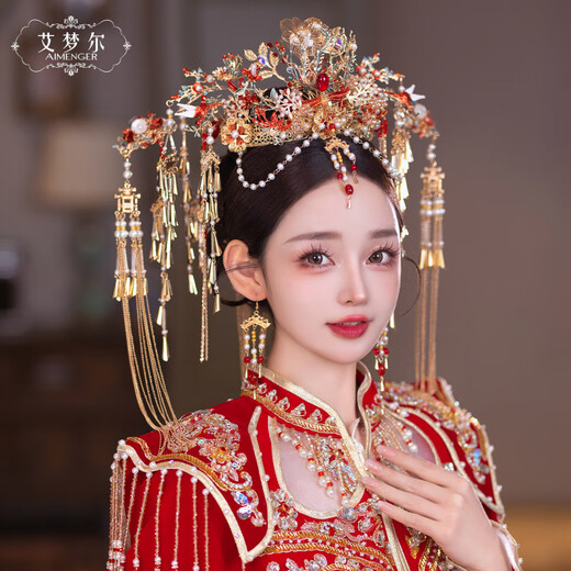 AIMENGER Xiuhe headdress 2025 new Chinese style grand dragon and phoenix gown heavy industry wedding bride Xiuhe headdress female GX Golden Bell Queen Round Crown + Ear Clip