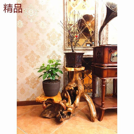 Natural root carving stand base log living room Chinese bonsai fish tank stand solid wood tree root art balcony ornament like ancient dark green 15907