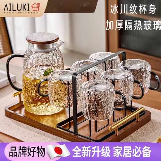 AILUKI Japanese high-looking glass home hospitality light luxury high-end living room water cup set drinking tea cup for women Glacier Cup 6 pieces + Glacier Pot 1.8L + Iron cup holder + Large gold handle