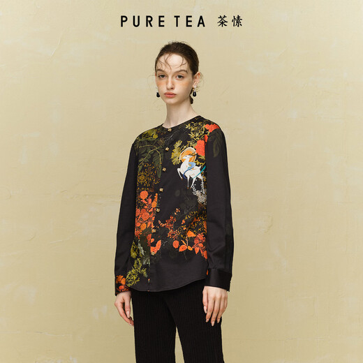 PURE TEA puretea Oriental Dunhuang round neck shirt women's printed long-sleeved top 25 winter new graphite black M