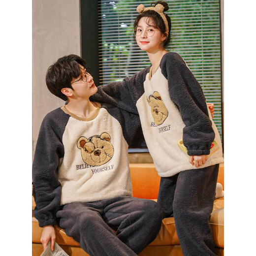 Langsha Autumn and Winter Coral Velvet Pajamas Couple Style Sweet Cartoon Plus Velvet Thickened Winter Men and Women Warm Flannel Suit Coral Velvet Round Neck Suit-HMF7908 2XL Male Recommended 150-170 Jin Jin equals 0.5 kg