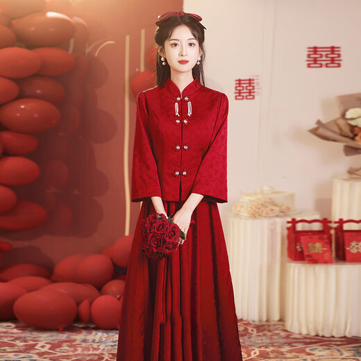 Chuangjing Yixuan Toast Wear Bridal Chinese Long Sleeve Cheongsam for Outing Party Long Retro Engagement Dress Two-piece Set Burgundy L