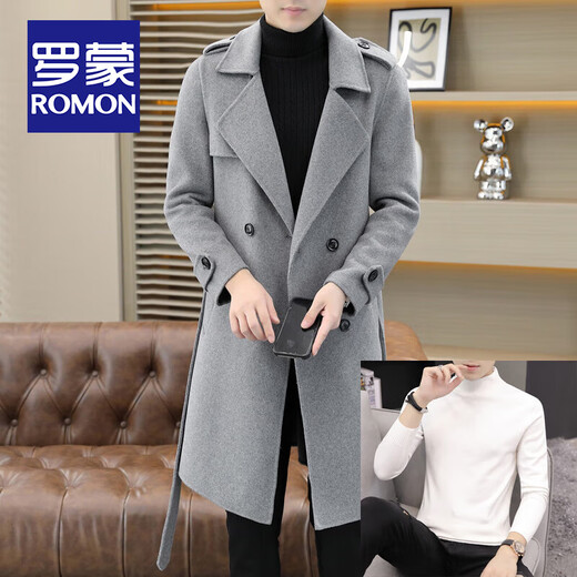 ROMON high-end over-the-knee double-sided woolen coat for men, long autumn and winter new style, thickened and handsome woolen windbreaker for men, brown XL size