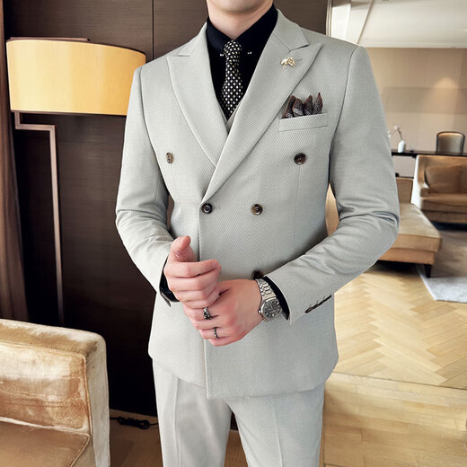 Jason's diagonal striped double-breasted suit for men, business casual formal fit, Korean style groom's wedding suit, three-piece suit, milky white (single suit) 2XL