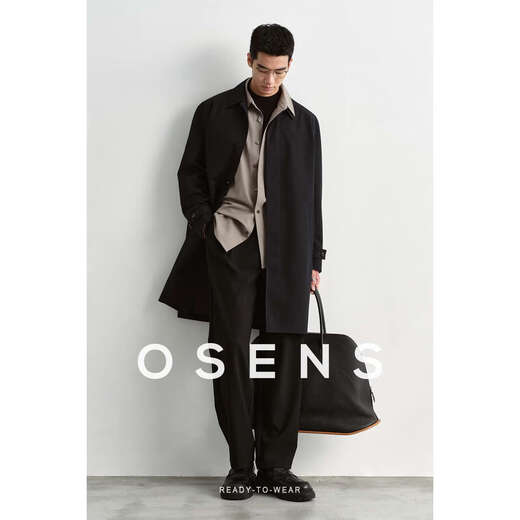 OSENS cotton three-proof fabric classic Balmakken windbreaker men's mid-length retro lapel jacket autumn dark navy ready stock XL (180/100A)