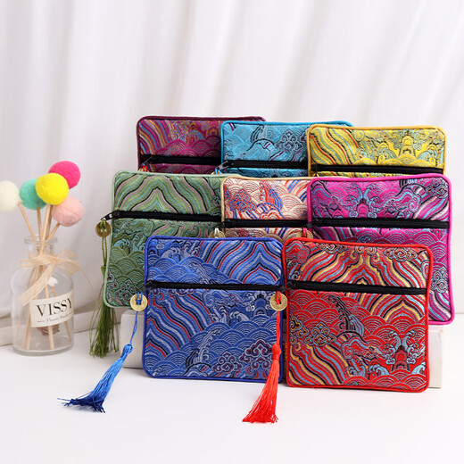 Jewelry storage bag tassel sea wave zipper square bag jewelry packaging bag tassel cultural relics storage bag cloth 15869(A55-5) beige sea wave zipper bag single 1