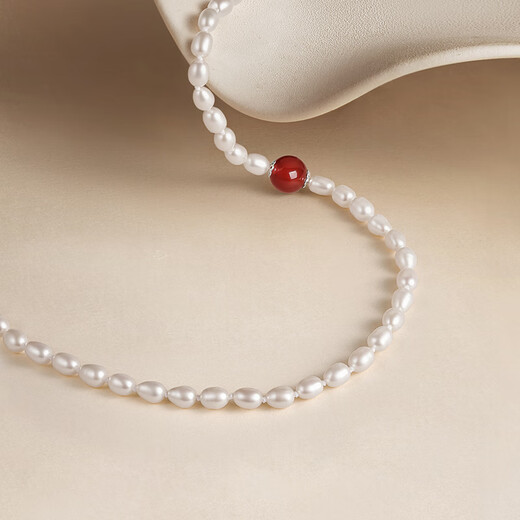 Saturday blessing silver buckle pearl necklace mother birthday gift red agate X0511903 long rice beads strong light about 5mm 45cm
