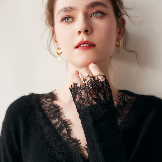 SENLIYA International Light Luxury High-end Cashmere Sweater Temperament Lace Fashion Cashmere Knitted Cardigan Women's V-neck Sweater Outer Blue Velvet M