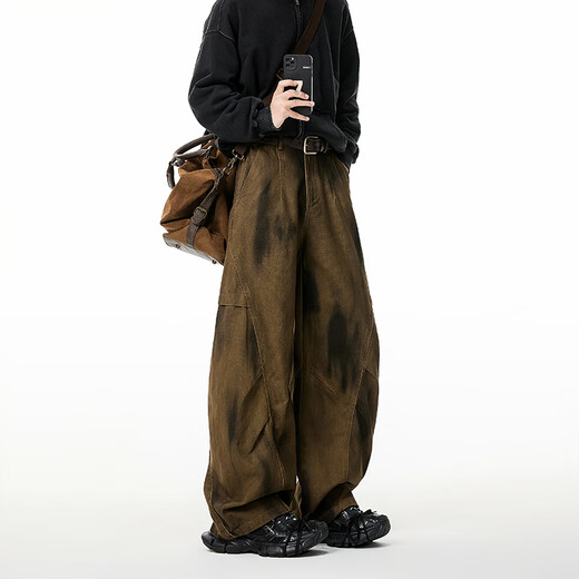 IZEXX American retro tie-dye scimitar pants men's autumn straight loose wide-leg casual overalls KY56 coffee color L