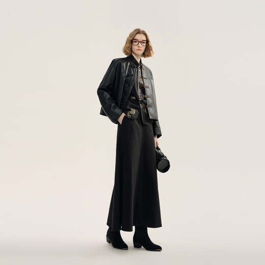 EIN Yan retro style three-dimensional cut-out contrast material splicing lapel literary casual long-sleeved shirt 2025 autumn and winter new style graphite black S